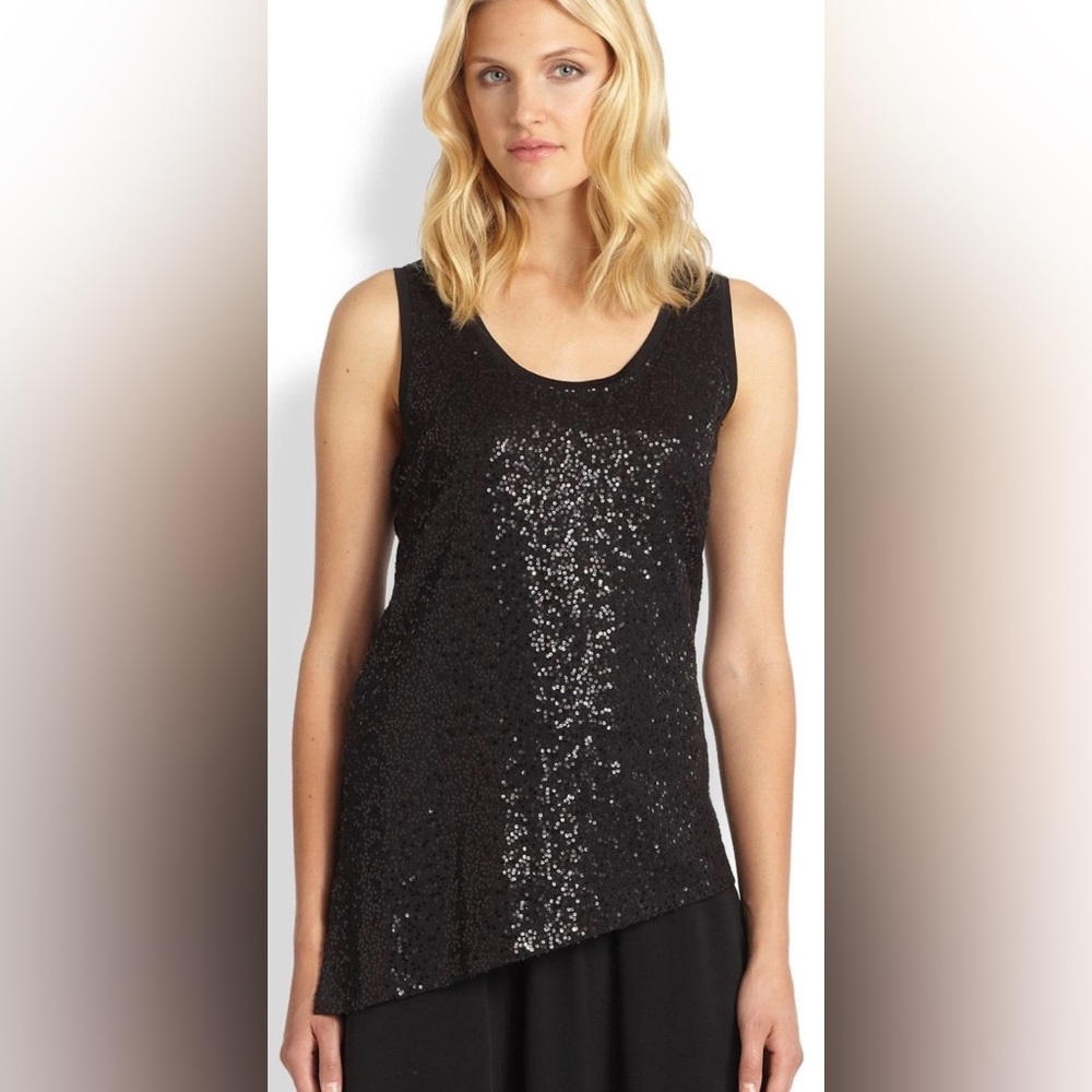 Eileen Fisher Sequin Stretch Silk Black Asymmetric Scoop Neck Tank Top L $298